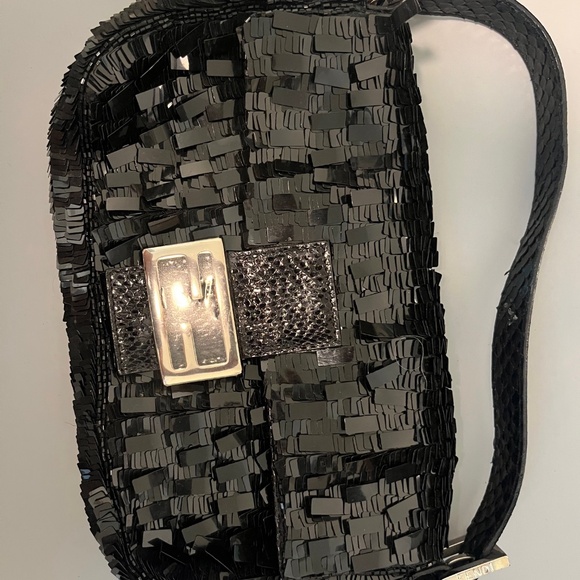 FENDI black sequin baguette w/snakeskin strap - Picture 1 of 6